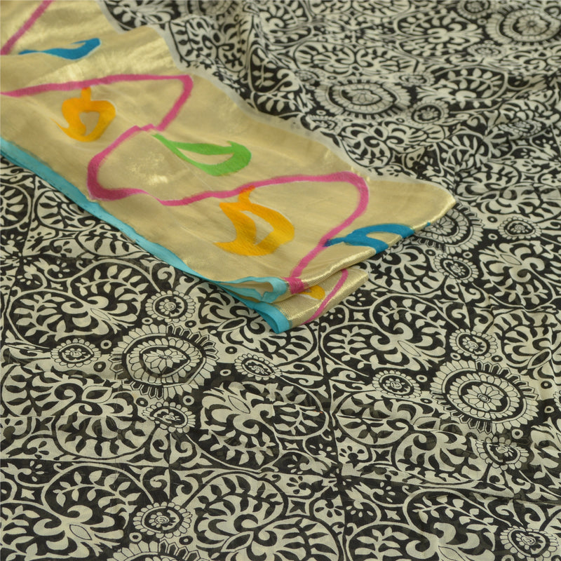 Sanskriti Vintage Sarees Black Blend Georgette Woven Border Printed Sari Sustainable Fabric