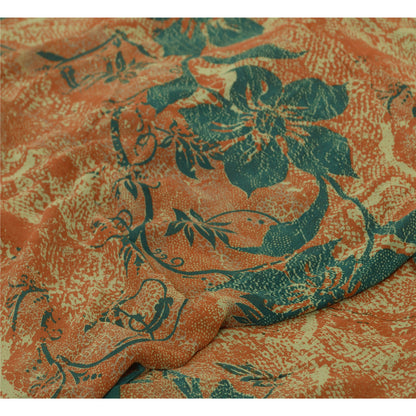 Sanskriti Vintage Sarees Orange/Teal Printed Pure Georgette Silk Sari Sustainable Fabric