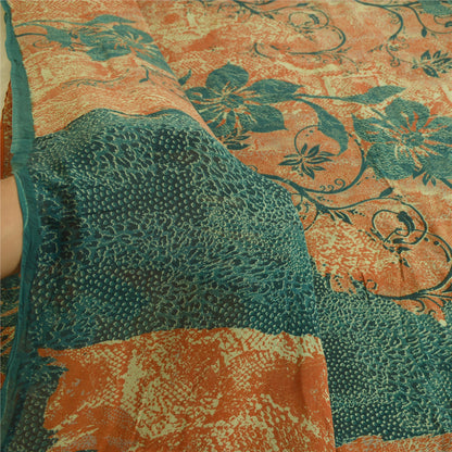 Sanskriti Vintage Sarees Orange/Teal Printed Pure Georgette Silk Sari Sustainable Fabric