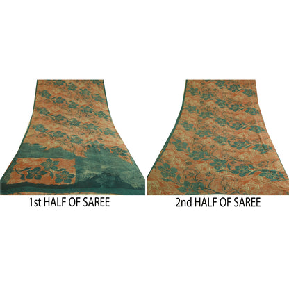 Sanskriti Vintage Sarees Orange/Teal Printed Pure Georgette Silk Sari Sustainable Fabric