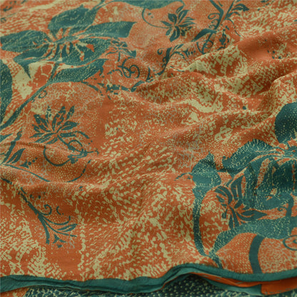 Sanskriti Vintage Sarees Orange/Teal Printed Pure Georgette Silk Sari Sustainable Fabric
