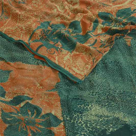 Sanskriti Vintage Sarees Orange/Teal Printed Pure Georgette Silk Sari Sustainable Fabric