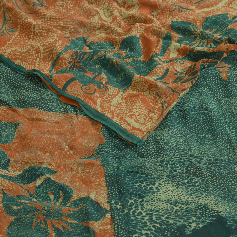 Sanskriti Vintage Sarees Orange/Blågrøn Trykt Ren Georgette Silke Sari Bæredygtigt Stof