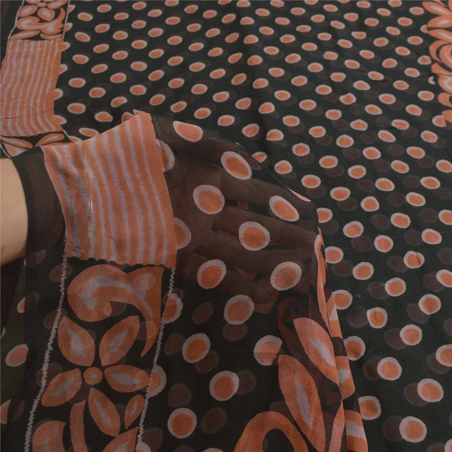 Sanskriti Vintage Sarees Indian Black Blend Georgette Printed Sari Craft Sustainable Fabric