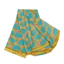 Load image into Gallery viewer, Sanskriti Vintage Sarees Blue/Mustard Printed Pure Chiffon Silk Sari 5yd Fabric
