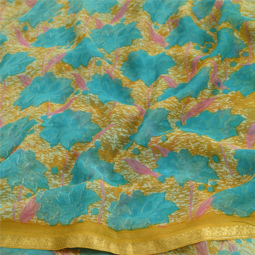 Sanskriti Vintage Sarees Blue/Mustard Printed Pure Chiffon Silk Sari 5yd Fabric
