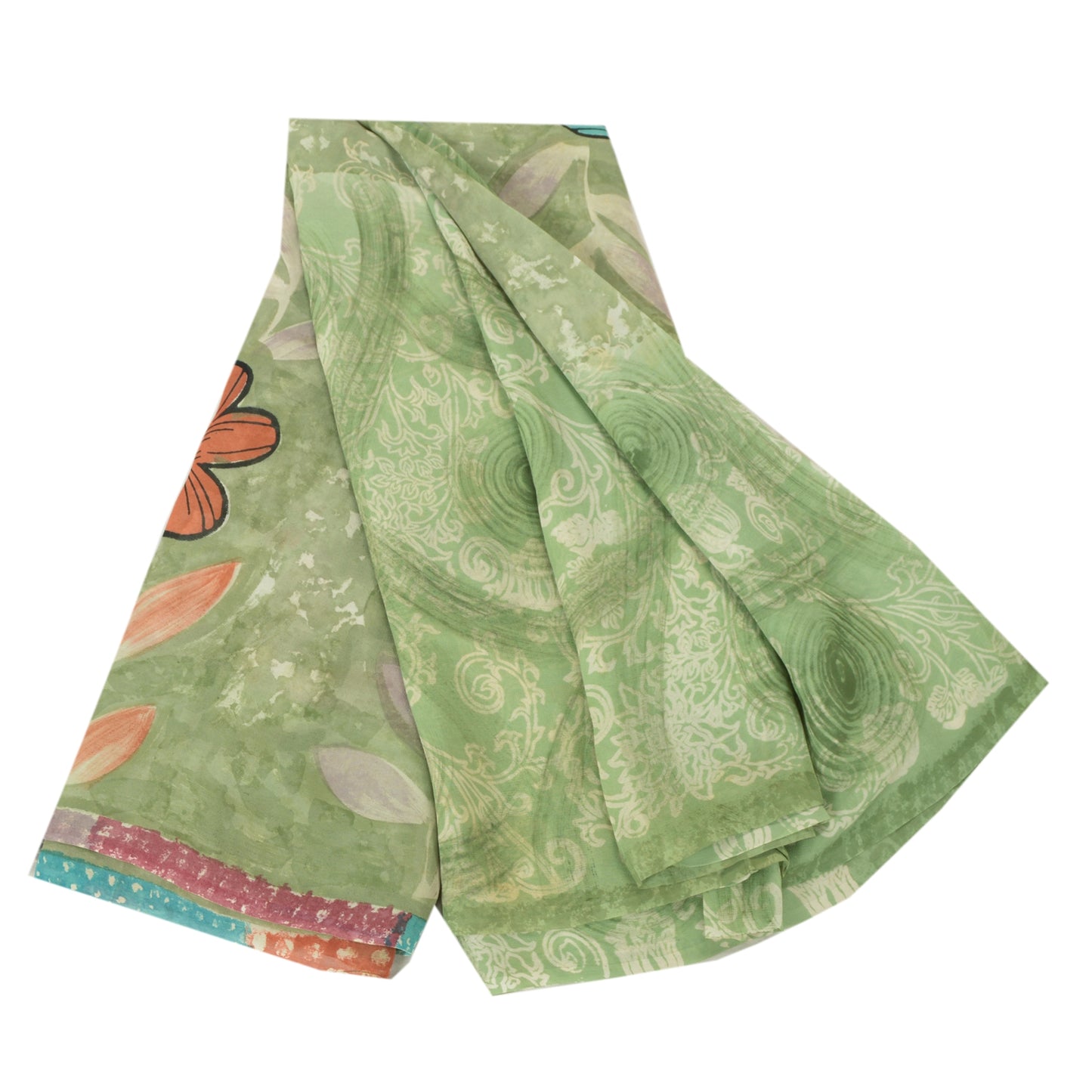 Sanskriti Vintage Sarees Pastel-Green Printed Pure Georgette Silk Sari Sustainable Fabric
