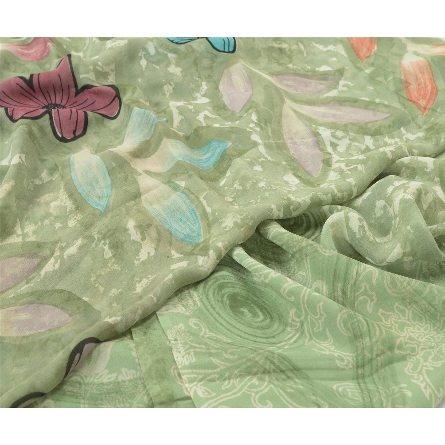 Sanskriti Vintage Sarees Pastel-Green Printed Pure Georgette Silk Sari Sustainable Fabric