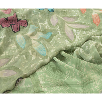 Sanskriti Vintage Sarees Pastel-Green Printed Pure Georgette Silk Sari Sustainable Fabric