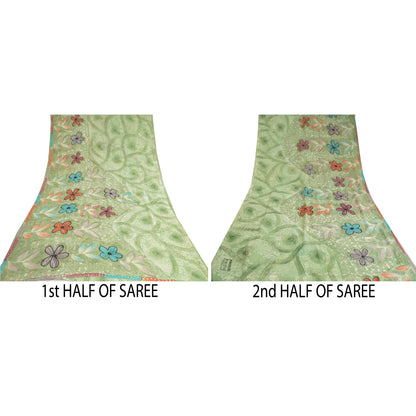 Sanskriti Vintage Sarees Pastel-Green Printed Pure Georgette Silk Sari Sustainable Fabric