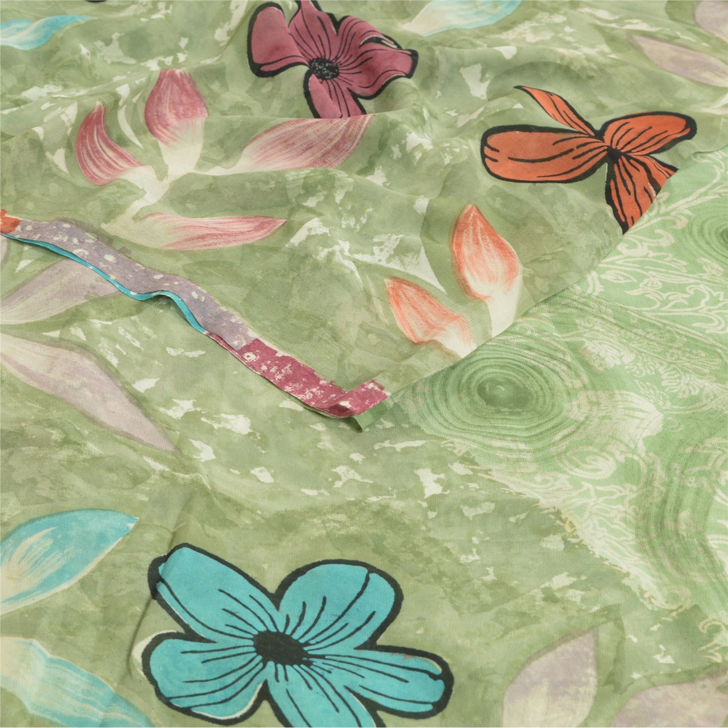 Sanskriti Vintage Sarees Pastel-Green Printed Pure Georgette Silk Sari Sustainable Fabric