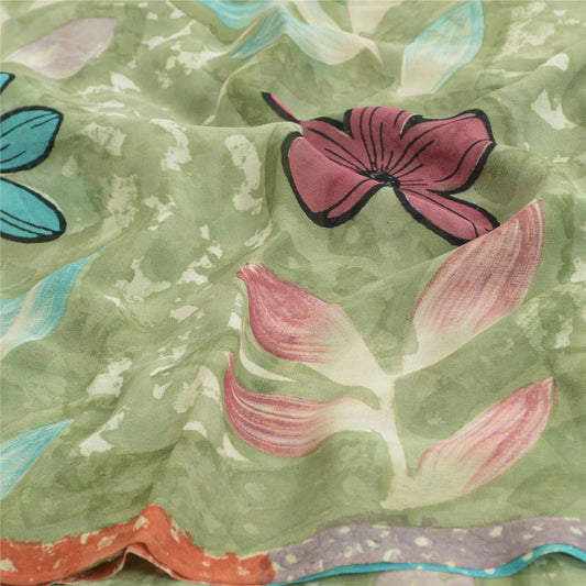 Sanskriti Vintage Sarees Pastel-Green Printed Pure Georgette Silk Sari Sustainable Fabric