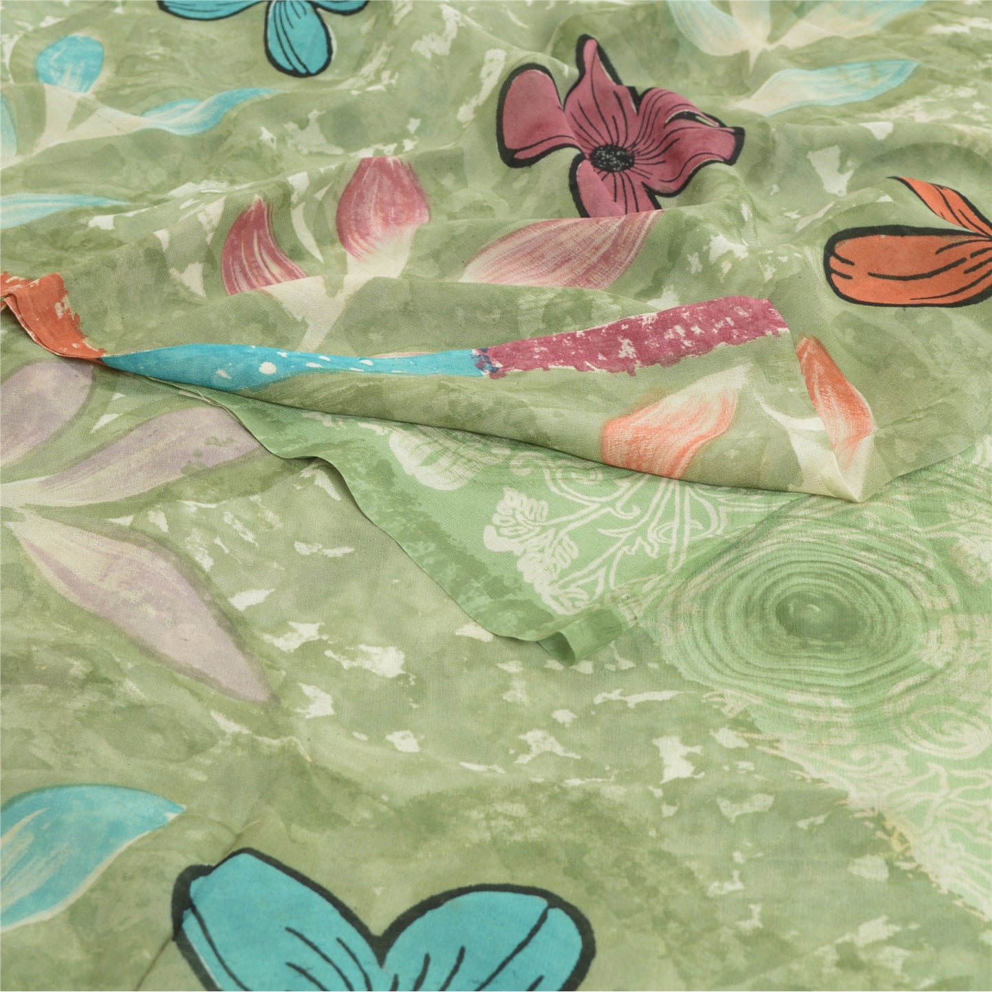 Sanskriti Vintage Sarees Pastel-Green Printed Pure Georgette Silk Sari Sustainable Fabric