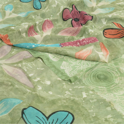 Sanskriti Vintage Sarees Pastel-Green Printed Pure Georgette Silk Sari Sustainable Fabric