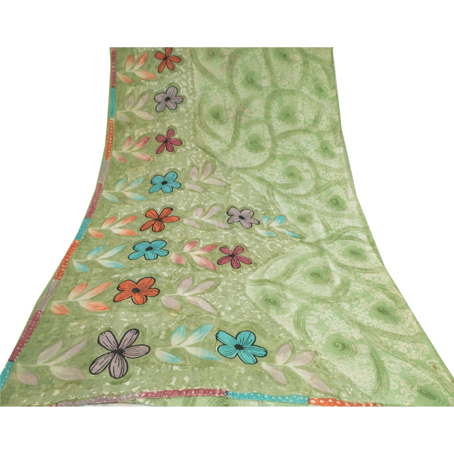 Sanskriti Vintage Sarees Pastel-Green Printed Pure Georgette Silk Sari Sustainable Fabric