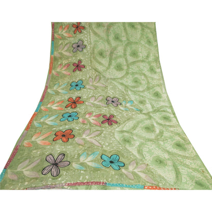 Sanskriti Vintage Sarees Pastel-Green Printed Pure Georgette Silk Sari Sustainable Fabric