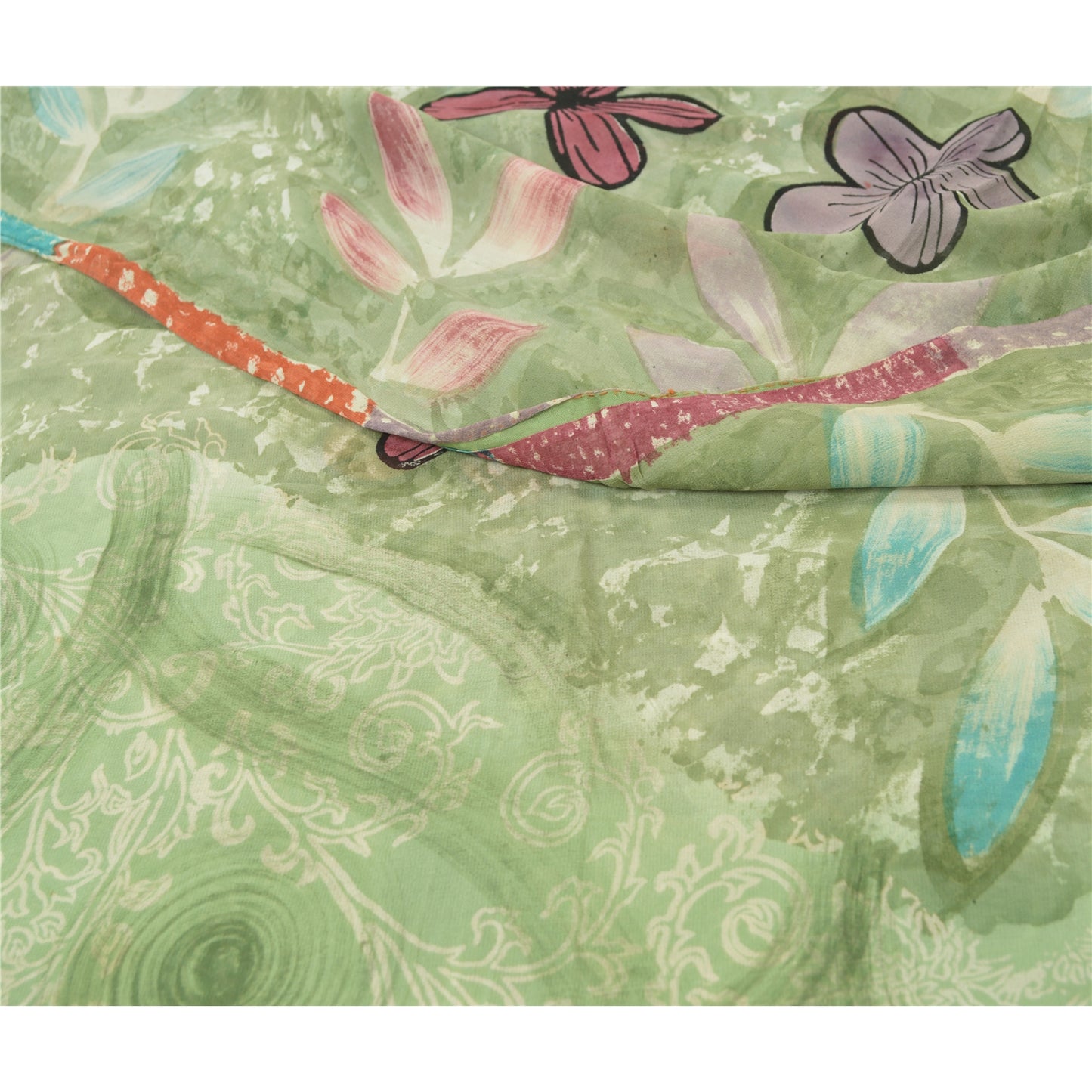 Sanskriti Vintage Sarees Pastel-Green Printed Pure Georgette Silk Sari Sustainable Fabric