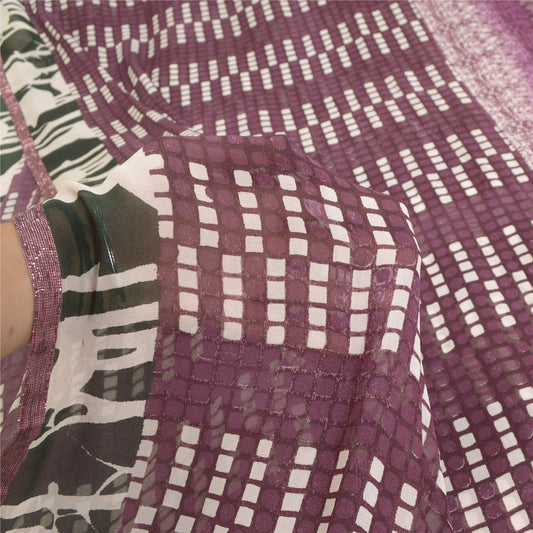 Санскритские винтажные сари фиолетового цвета с принтом из чистого шелка-жоржета, ремесленная устойчивая ткань