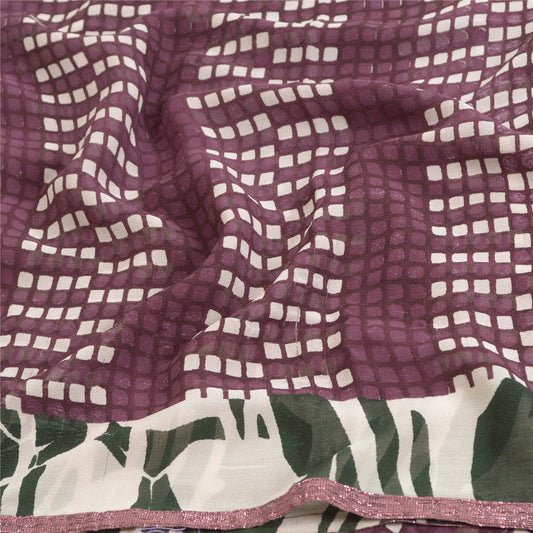 Санскритские винтажные сари фиолетового цвета с принтом из чистого шелка-жоржета, ремесленная устойчивая ткань