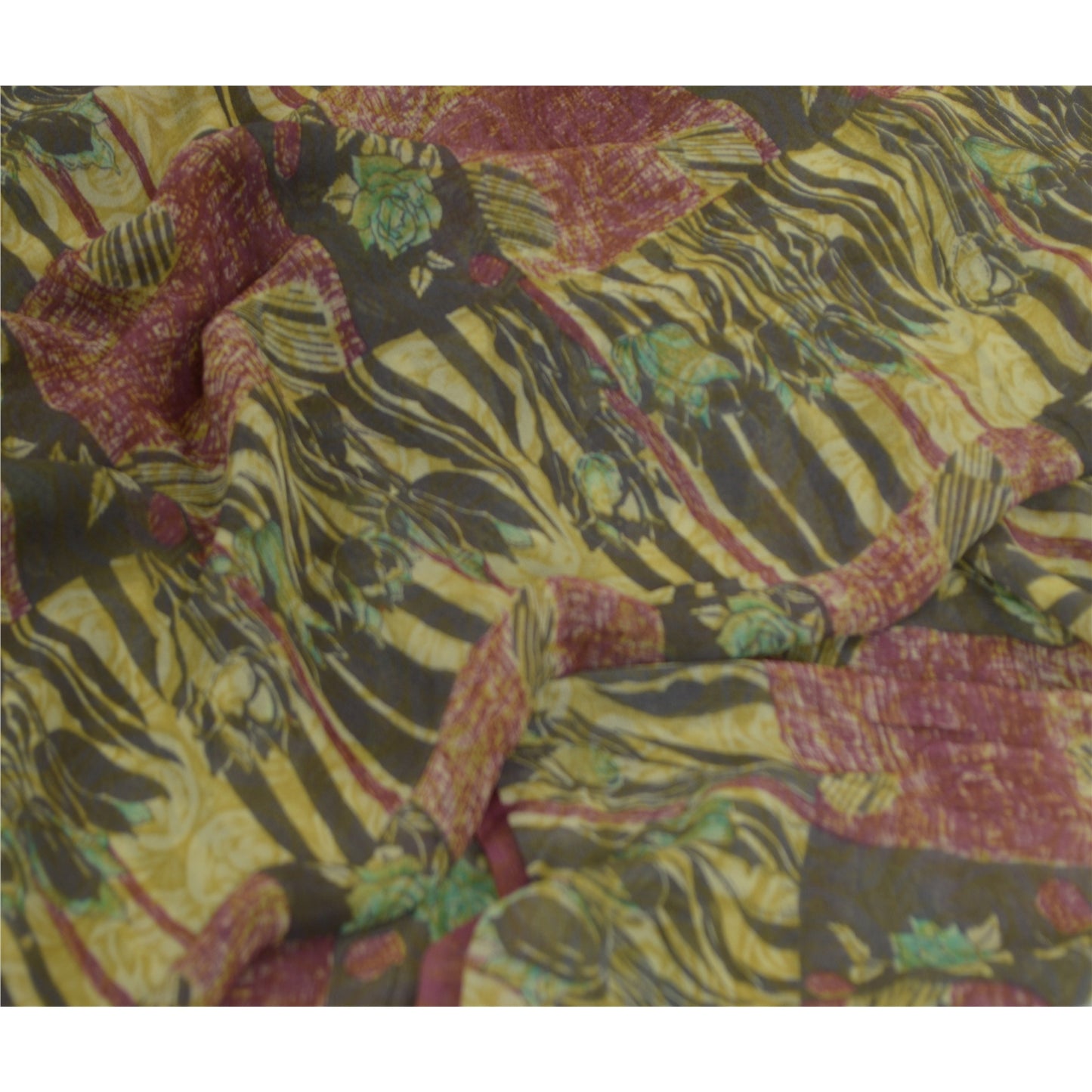 Sanskriti Vintage Sarees Green/Red Blend Georgette Printed Sari Craft Sustainable Fabric