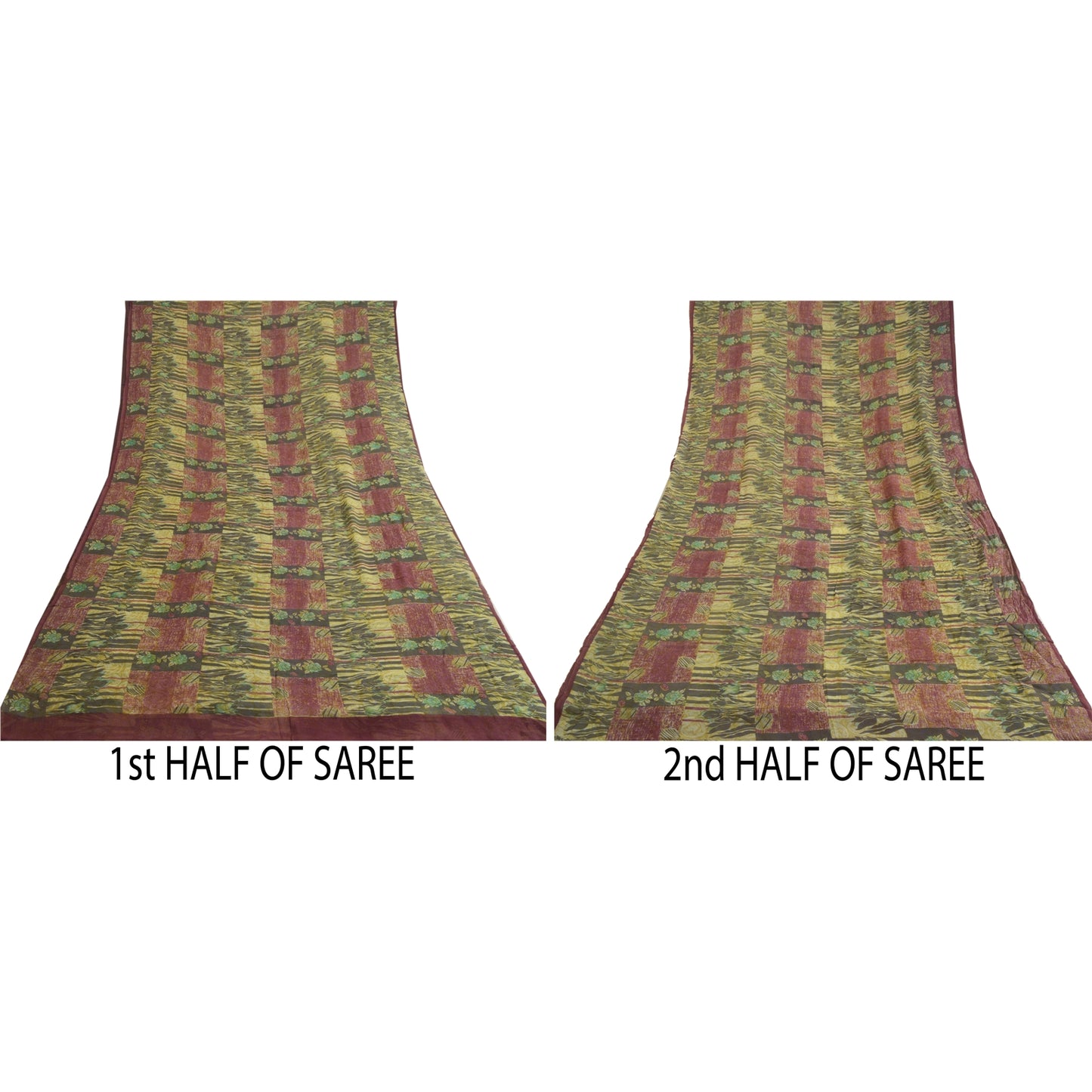 Sanskriti Vintage Sarees Green/Red Blend Georgette Printed Sari Craft Sustainable Fabric