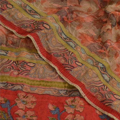 Sanskriti Vintage Sarees Red 100% Pure Georgette Silk Printed Sari Craft Sustainable Fabric