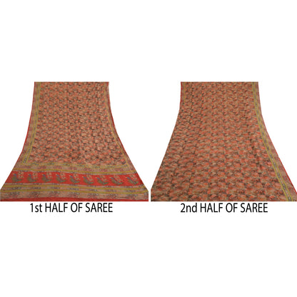 Sanskriti Vintage Sarees Red 100% Pure Georgette Silk Printed Sari Craft Sustainable Fabric