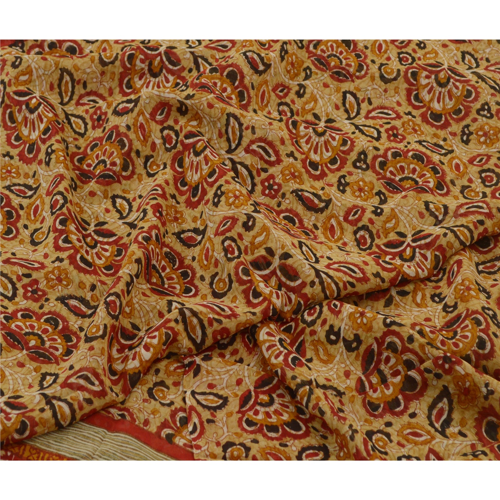 Sanskriti Vintage Sari Hand Block Printed Pure Georgette Silk Sarees Fabric: Cream & Dark Red Floral, 5 Yards Sewing Patchwork Home Decor