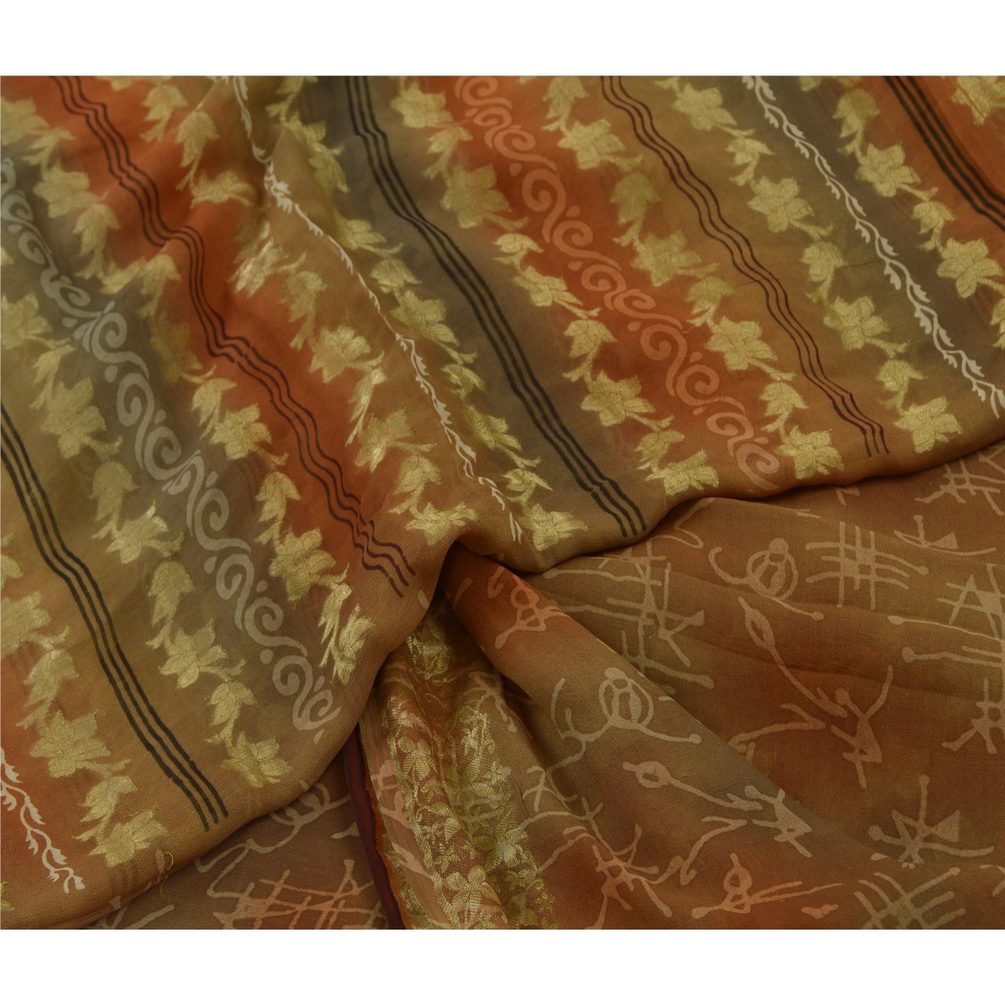 Sanskriti Vintage Sarees Multi Pure Georgette Silk ZariBorder Print Sari Sustainable Fabric