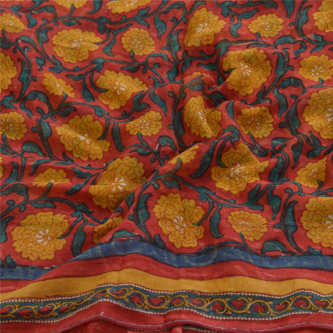 Sanskriti Vintage Sarees Red/Yellow Pure Chiffon Silk Printed Sari Craft Fabric