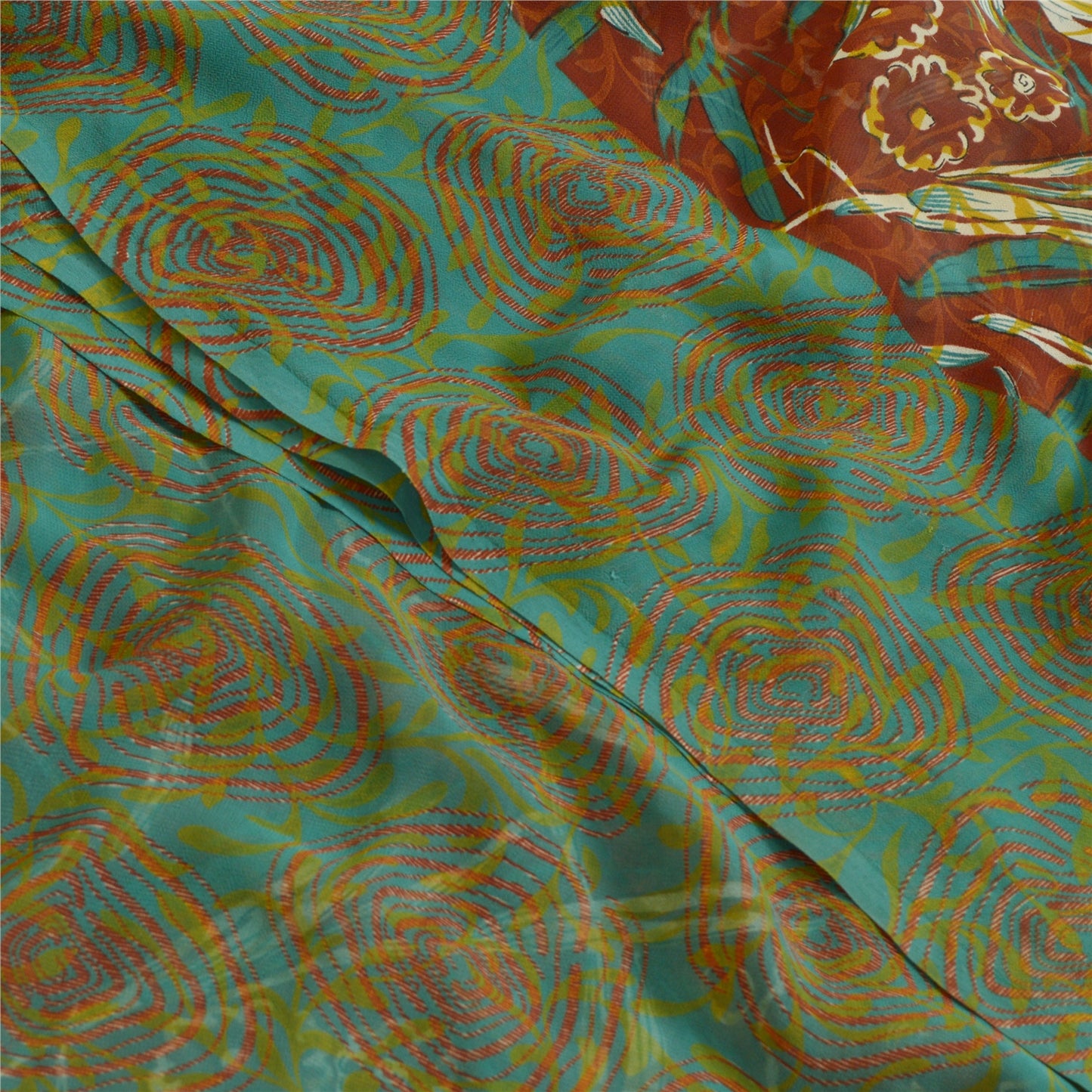 Санскритские винтажные сари индийское коричневое/зеленое жоржетовое сари с принтом ремесло устойчивая ткань