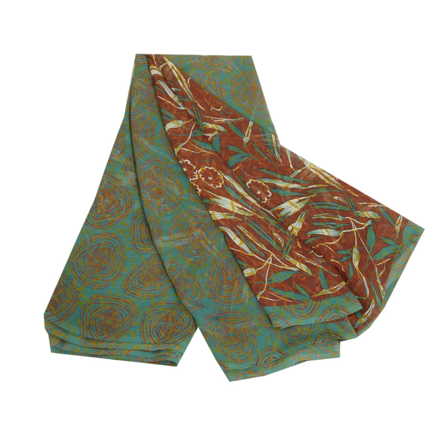 Санскритские винтажные сари индийское коричневое/зеленое жоржетовое сари с принтом ремесло устойчивая ткань