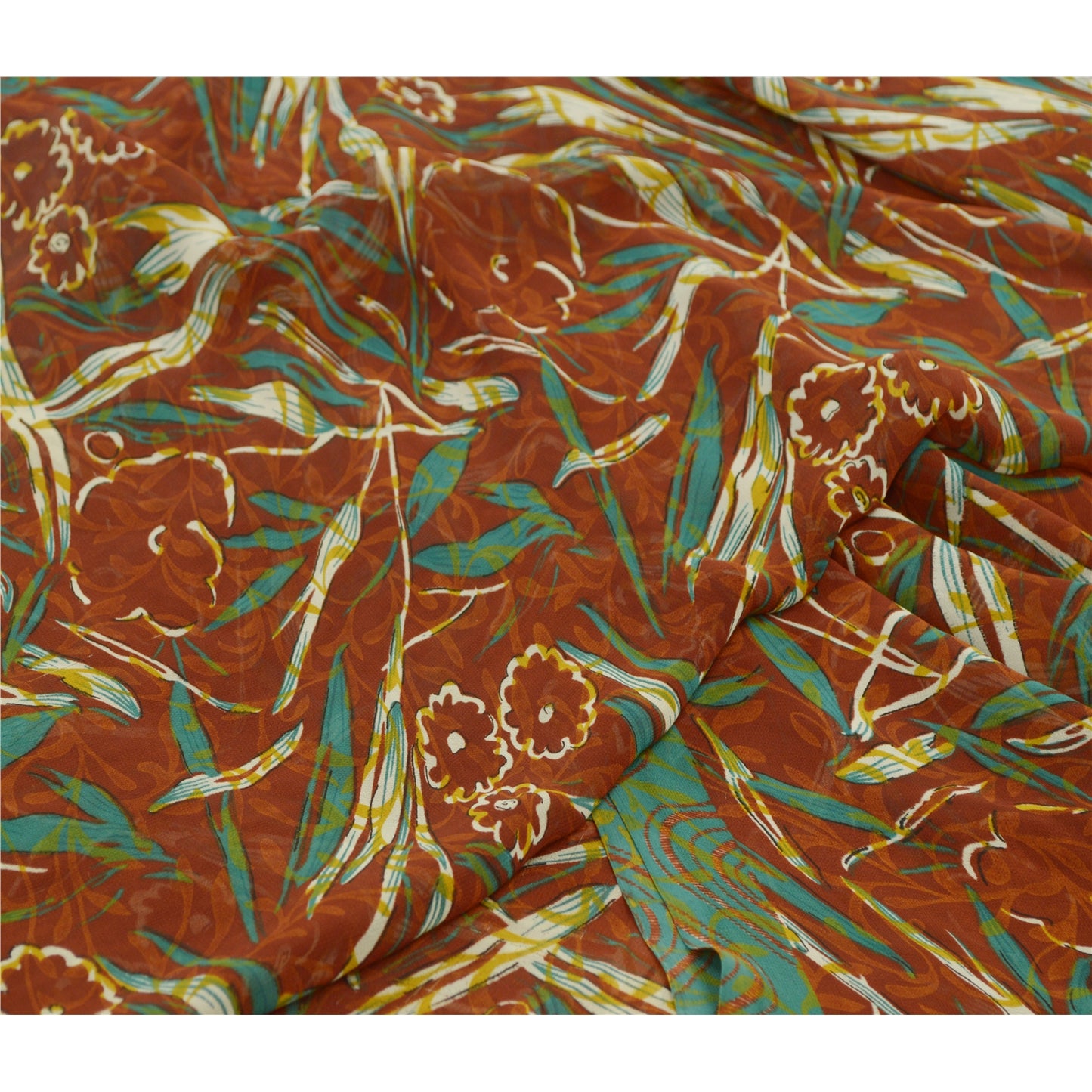 Санскритские винтажные сари индийское коричневое/зеленое жоржетовое сари с принтом ремесло устойчивая ткань