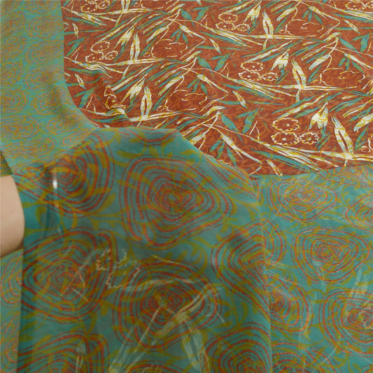Sanskriti Vintage Sarees Indian Brown/Green Georgette Printed Sari Craft Sustainable Fabric