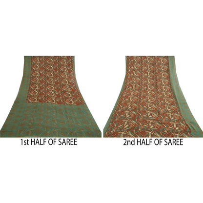 Санскритские винтажные сари индийское коричневое/зеленое жоржетовое сари с принтом ремесло устойчивая ткань