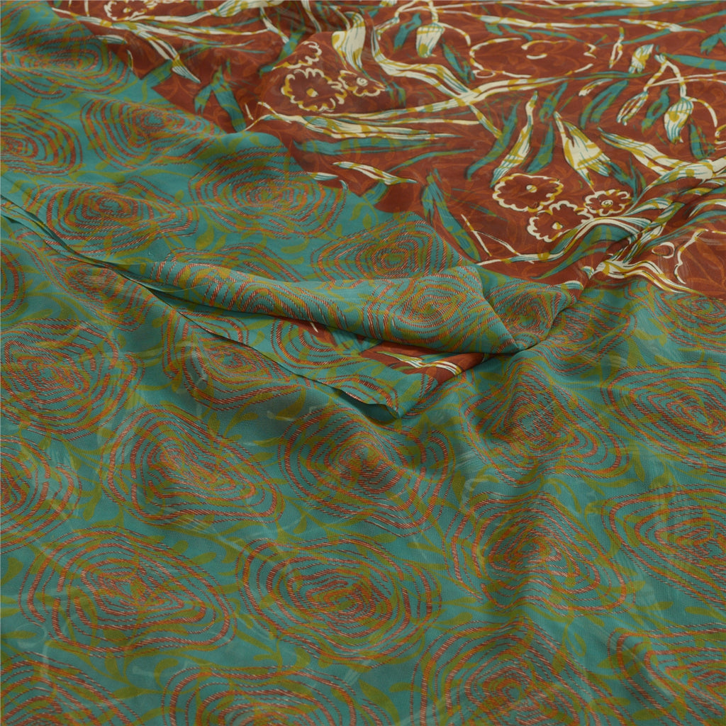 Санскритские винтажные сари индийское коричневое/зеленое жоржетовое сари с принтом ремесло устойчивая ткань