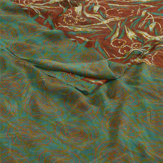 Sanskriti Vintage Sarees Indian Brown/Green Georgette Printed Sari Craft Sustainable Fabric