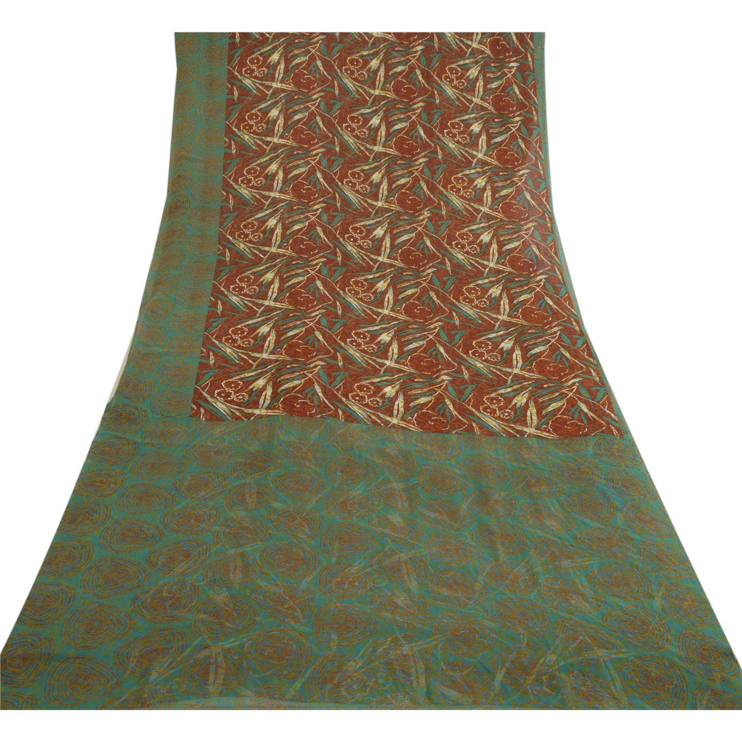 Санскритские винтажные сари индийское коричневое/зеленое жоржетовое сари с принтом ремесло устойчивая ткань