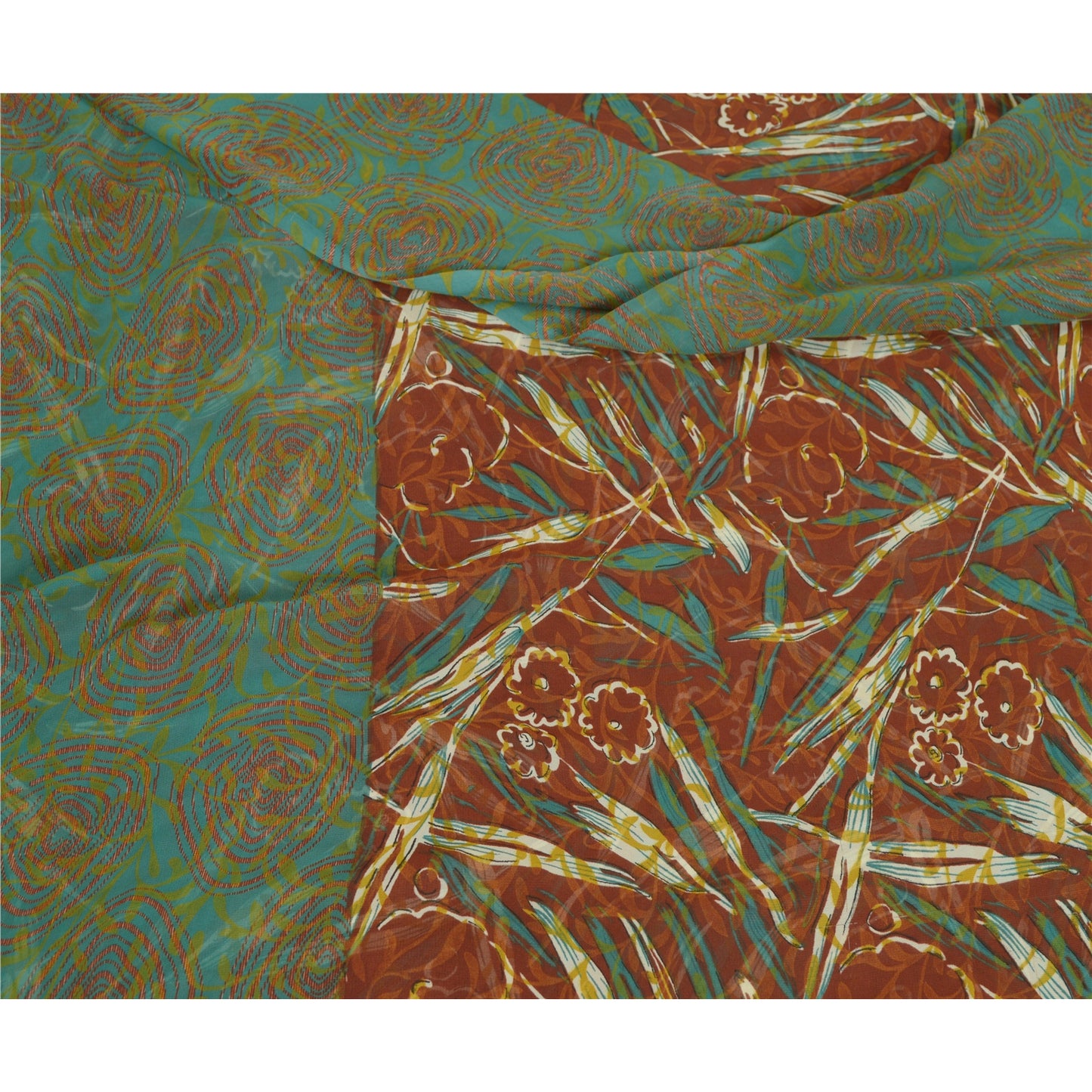 Санскритские винтажные сари индийское коричневое/зеленое жоржетовое сари с принтом ремесло устойчивая ткань