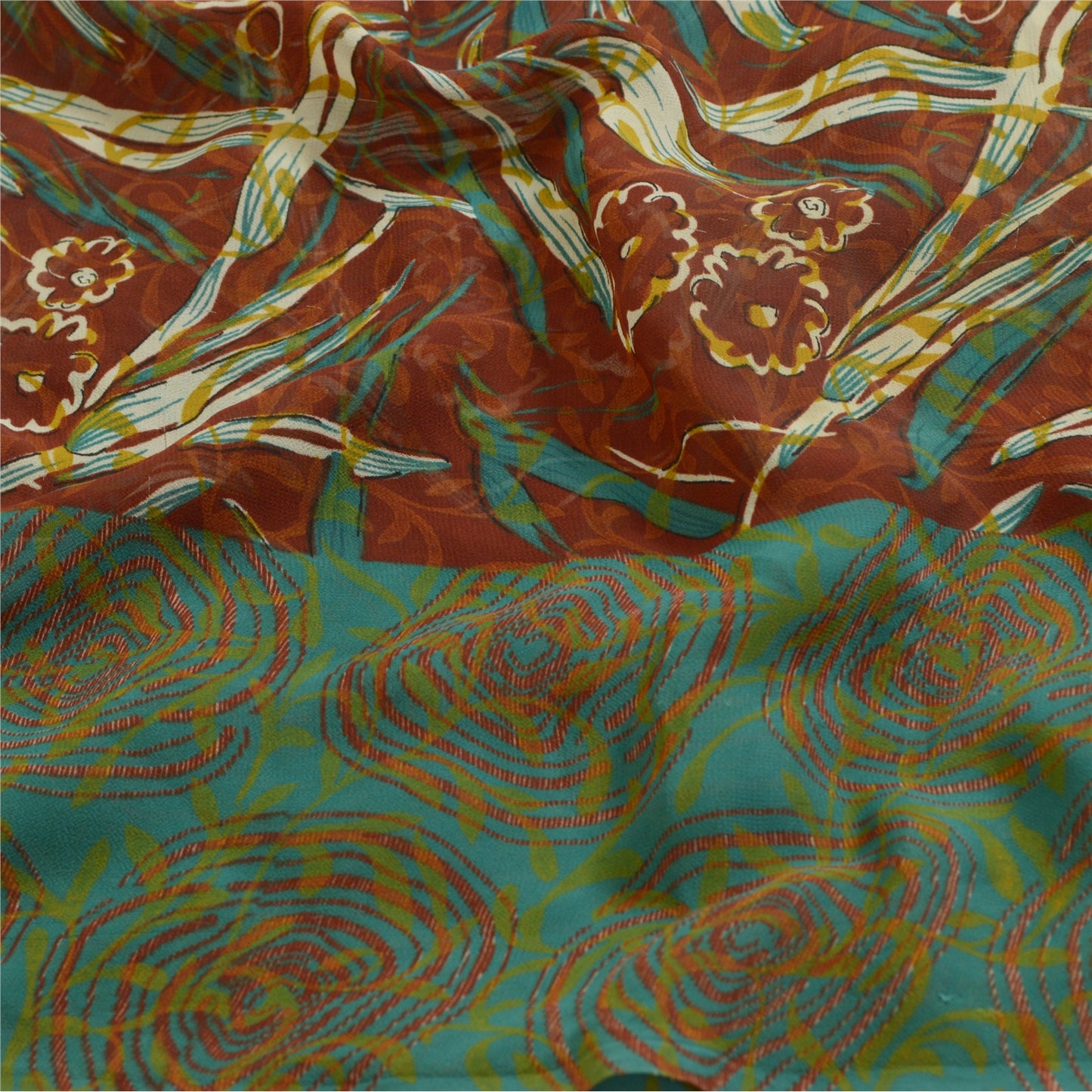 Санскритские винтажные сари индийское коричневое/зеленое жоржетовое сари с принтом ремесло устойчивая ткань