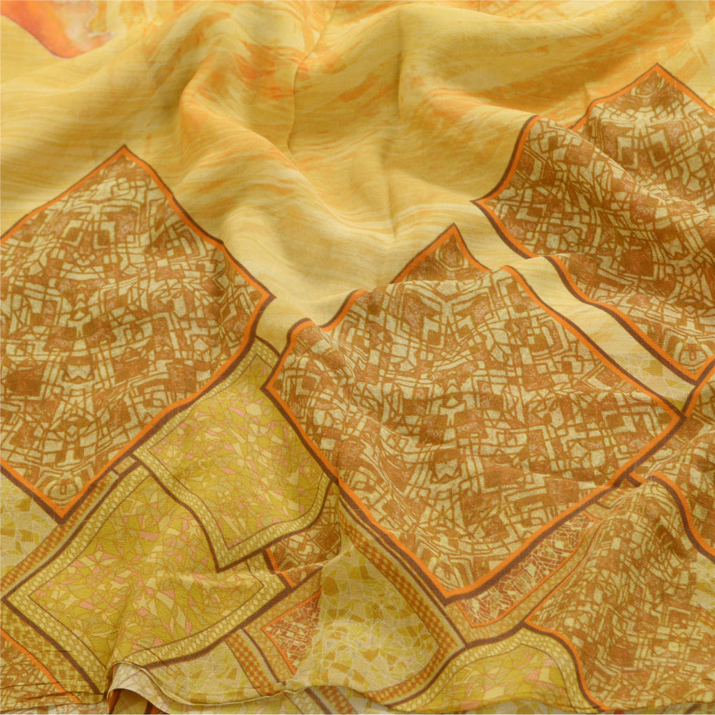 Sanskriti Vintage Sari 100% Pure Georgette Silk Cream & Green Printed Saree 5 Yd Craft Fabric Floral Quilting Material For DIY Projects