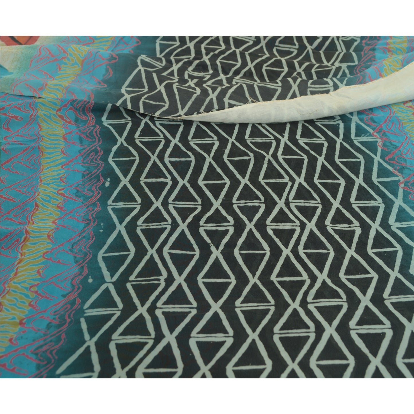 Sanskriti Vintage Sarees Black/Blue Printed Pure Georgette Silk Sari 5yd Sustainable Fabric