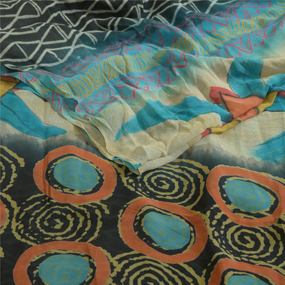 Sanskriti Vintage Sarees Black/Blue Printed Pure Georgette Silk Sari 5yd Sustainable Fabric
