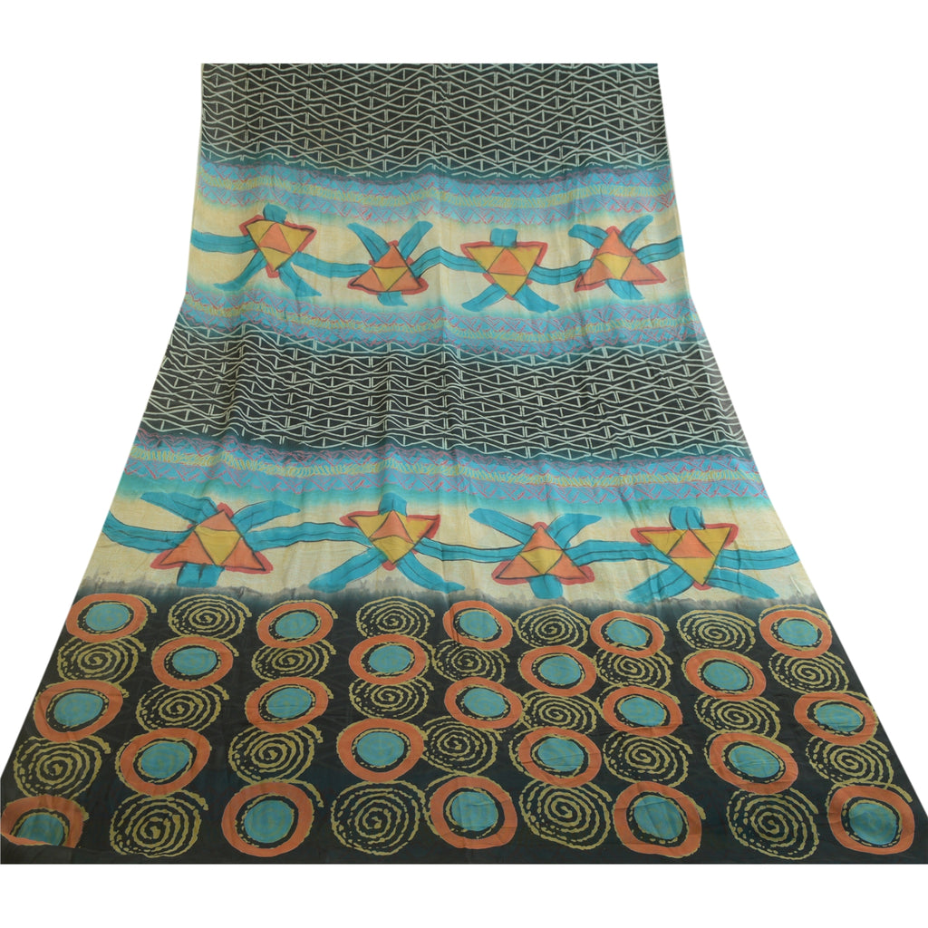 Sanskriti Vintage Sarees Black/Blue Printed Pure Georgette Silk Sari 5yd Sustainable Fabric