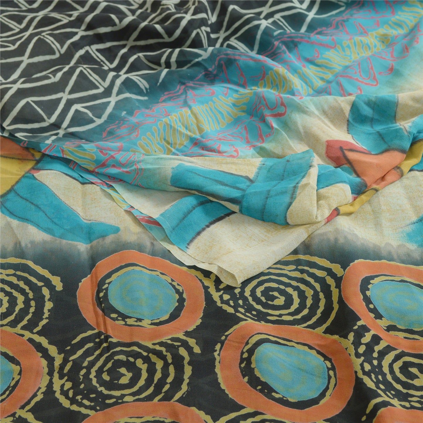 Sanskriti Vintage Sarees Black/Blue Printed Pure Georgette Silk Sari 5yd Sustainable Fabric