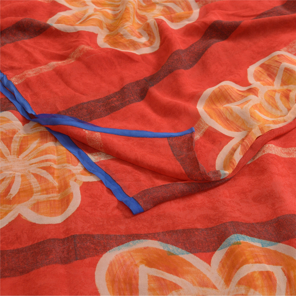 Sanskriti Vintage Sarees Red 100% Pure Georgette Silk Printed Sari Craft Sustainable Fabric