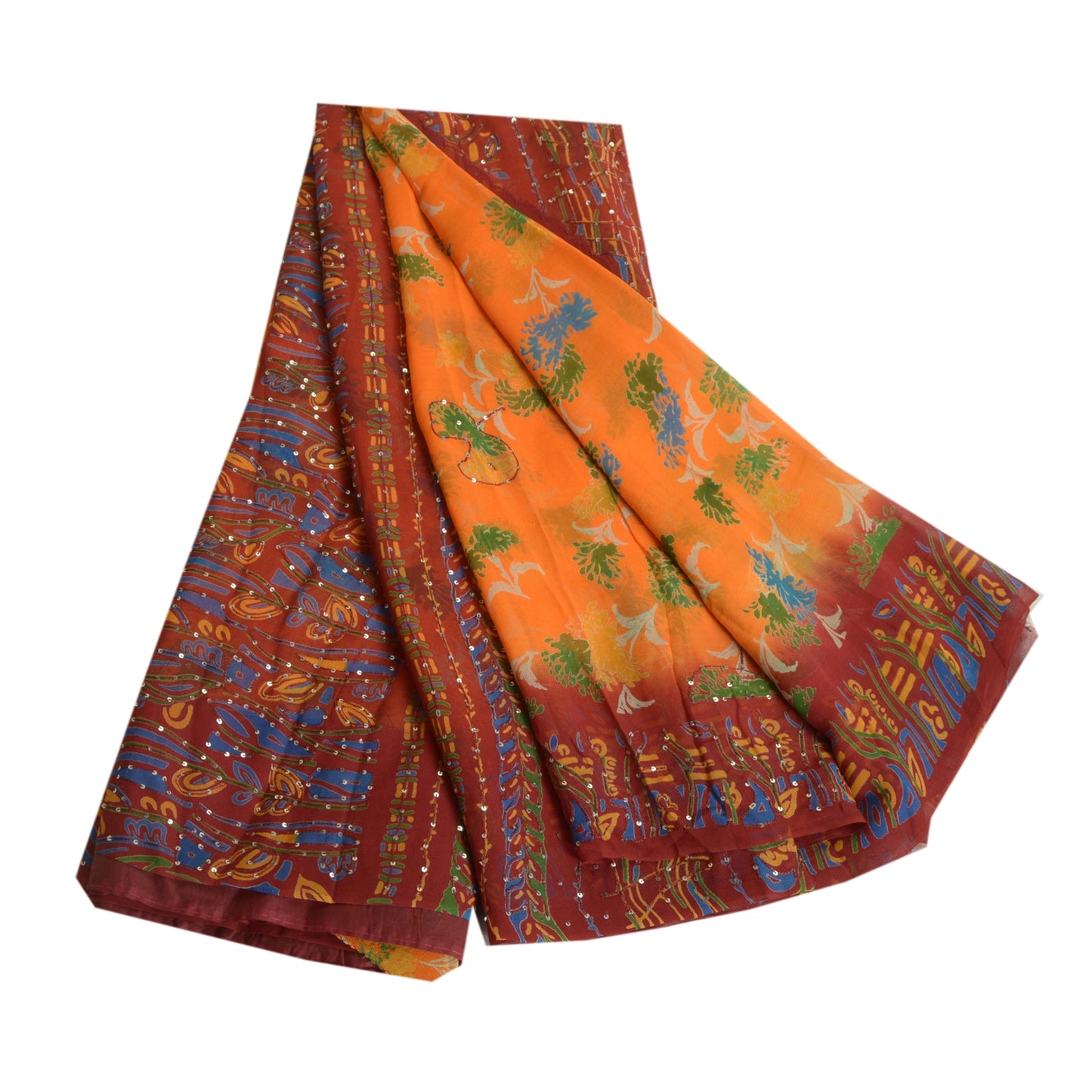 Sanskriti Vintage Sarees Orange/Red Hand Beaded Pure Georgette Silk Sari Sustainable Fabric