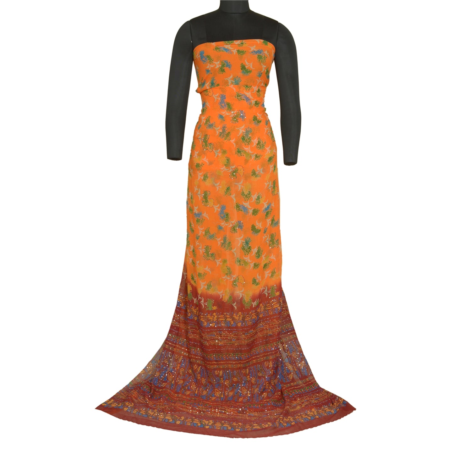 Sanskriti Vintage Sarees Orange/Red Hand Beaded Pure Georgette Silk Sari Sustainable Fabric