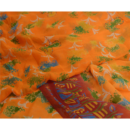 Sanskriti Vintage Sarees Orange/Red Hand Beaded Pure Georgette Silk Sari Sustainable Fabric