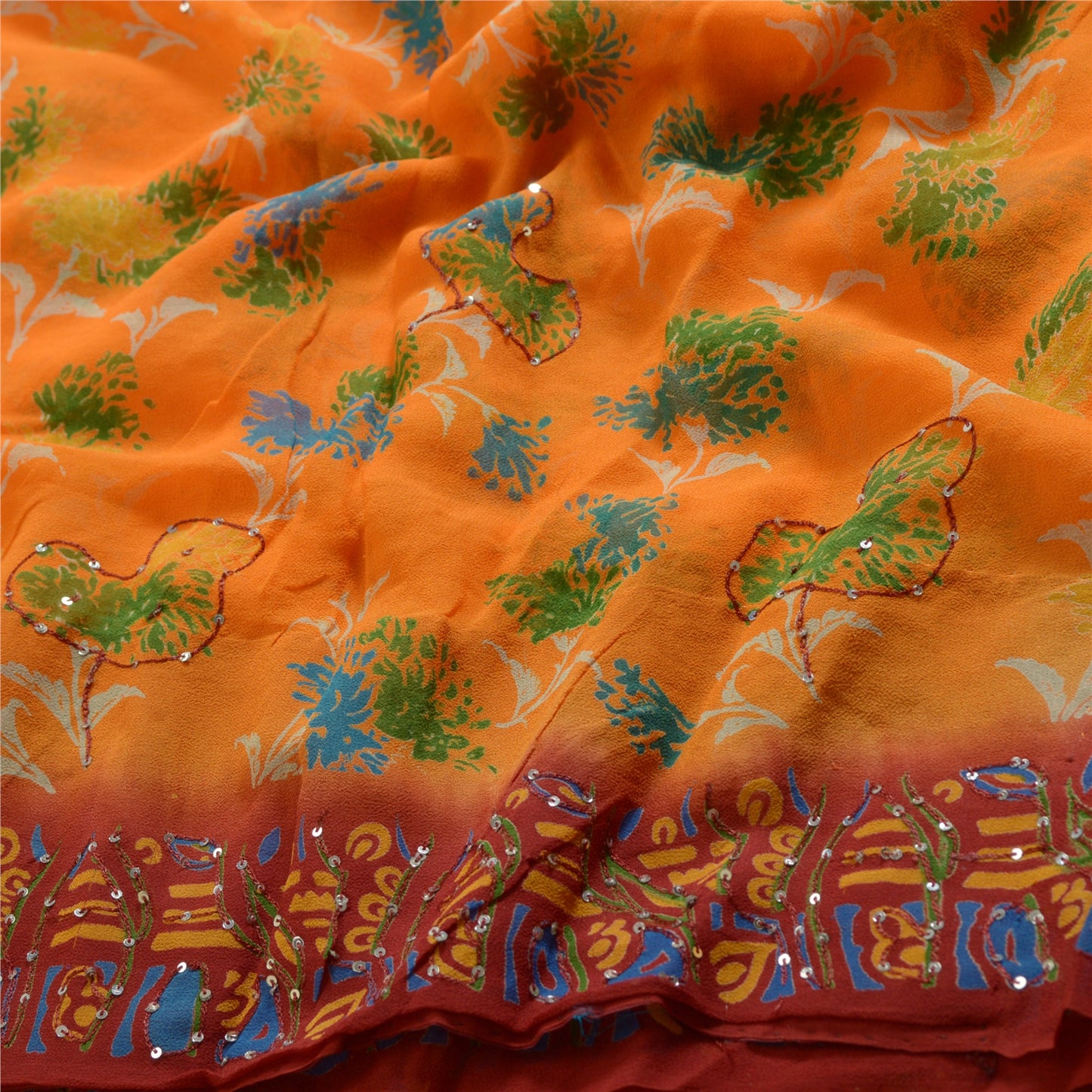 Sanskriti Vintage Sarees Orange/Red Hand Beaded Pure Georgette Silk Sari Sustainable Fabric